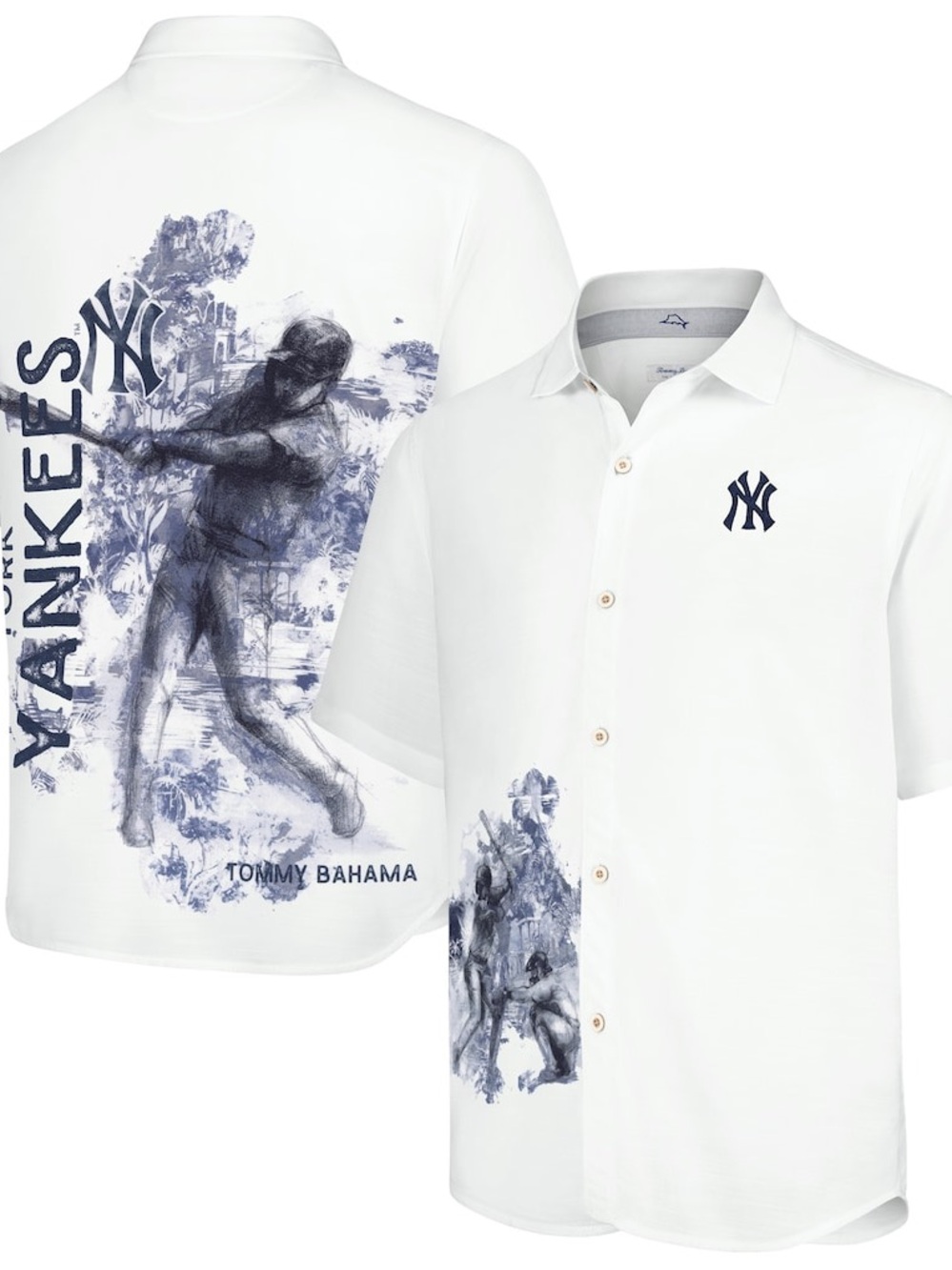 Tommy Bahama White Short-Sleeve Button-Down with Navy Yankees Graphics